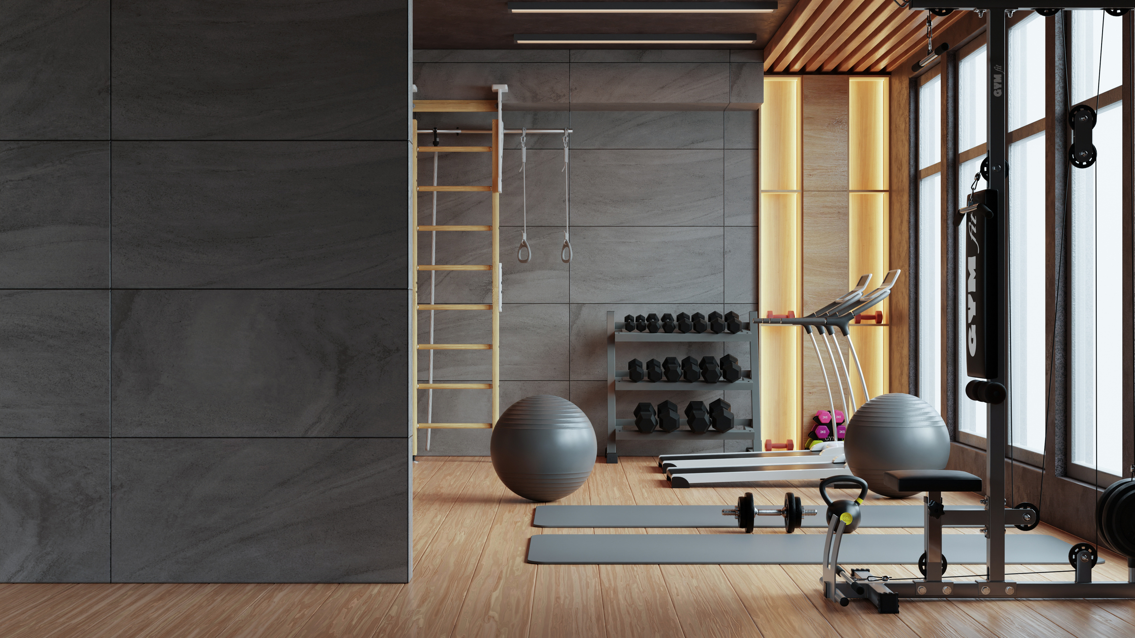 Mockup concrete wall in gym interior with sport and decorating style loft- 3D rendering